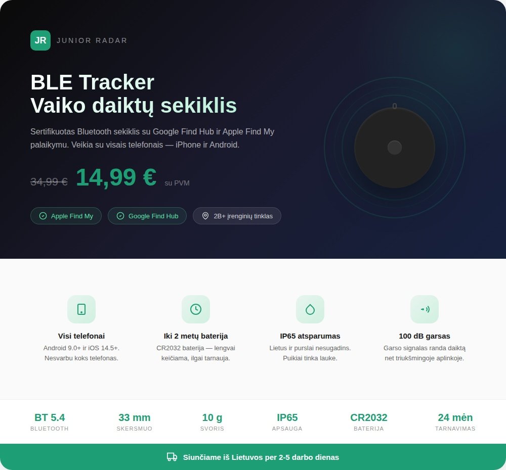 Junior Radar BLE Tracker — daiktų sekiklis